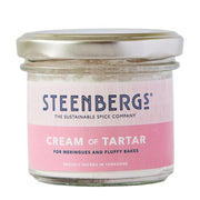 Steenbergs cream of tartar jar with pink label on a white background