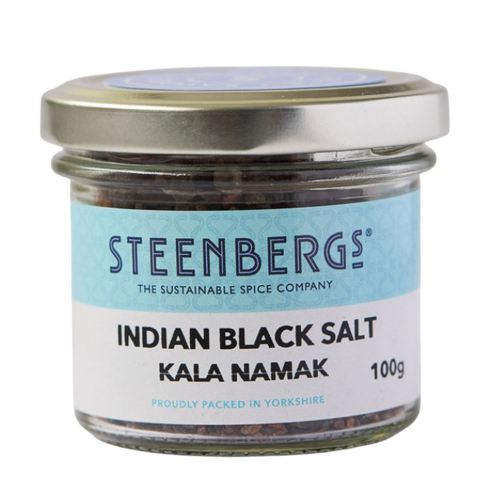Jar of Steenbergs Indian Black Salt Kala Namak on a white background