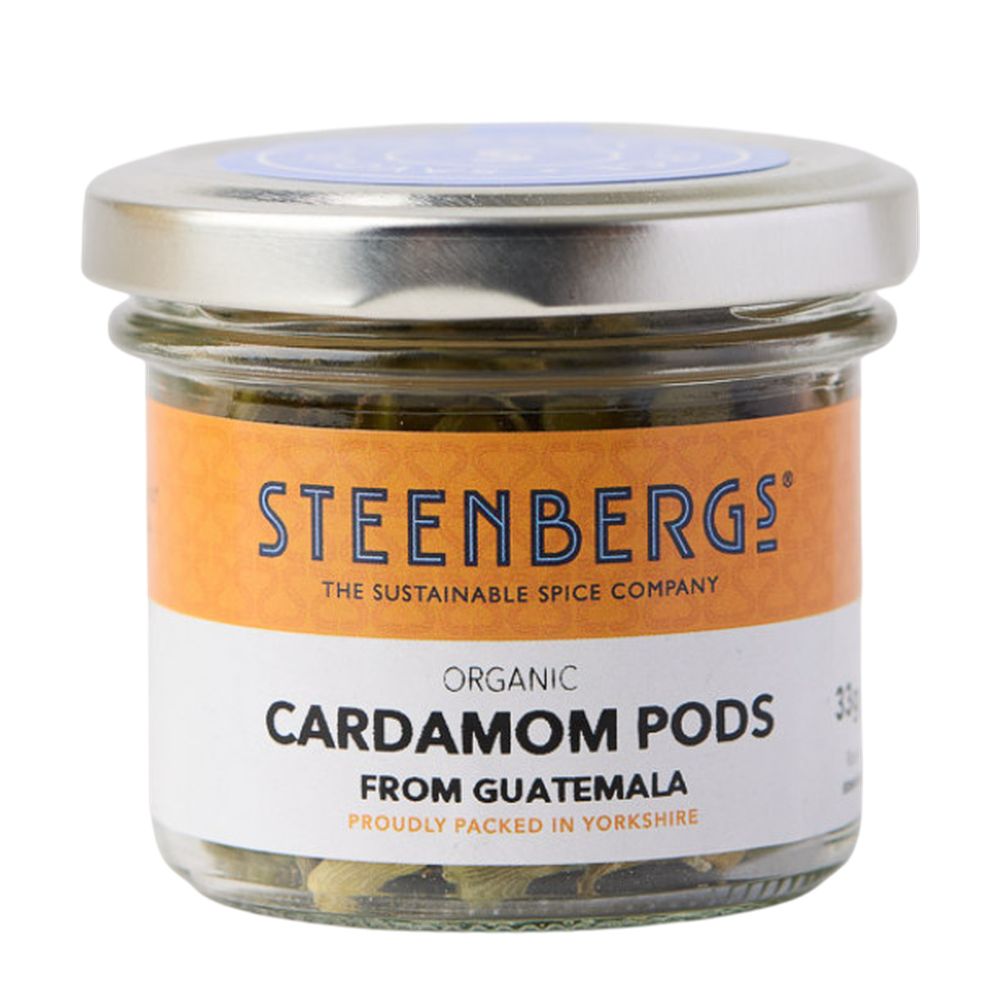 Jar of Steenbergs organic cardamom pods with a white background