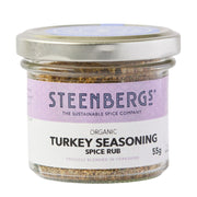 Steenbergs organic turkey seasoning spice rub in a glass jar on a white background