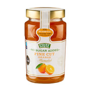 Jar of Stute no sugar added fine cut orange marmalade on a white background