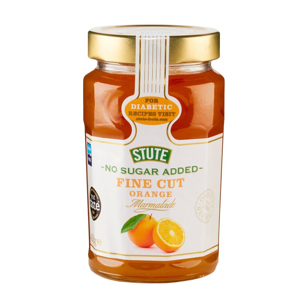 Jar of Stute no sugar added fine cut orange marmalade on a white background