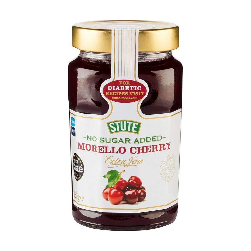 Jar of Stute No Sugar Added Morello Cherry Jam on a white background