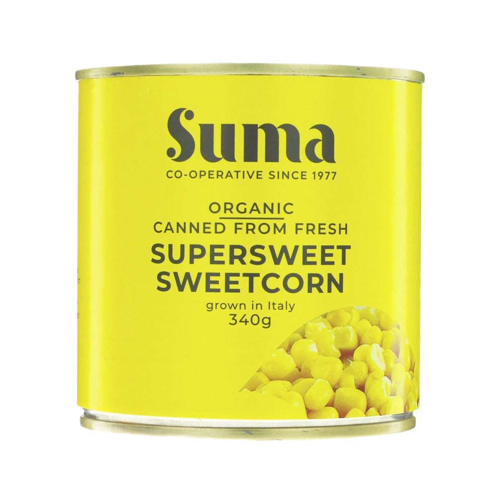 Can of Suma organic canned sweetcorn with yellow label and corn illustration.