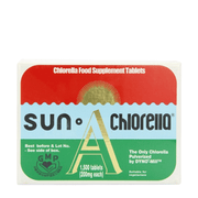 Box of Chlorella food supplement tablets with red, green, and blue design.