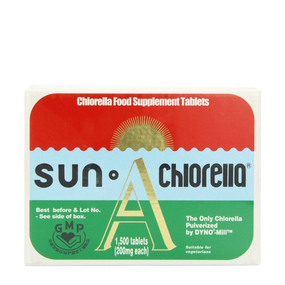 Box of Chlorella food supplement tablets with red, green, and blue design.