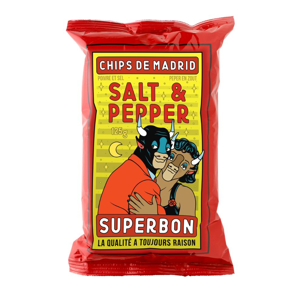 Packaged snack with colorful label featuring a bull and woman, labeled 'Chips de Madrid Salt & Pepper Superbon'.