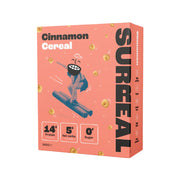 Cinnamon cereal box with surreal design on a white background