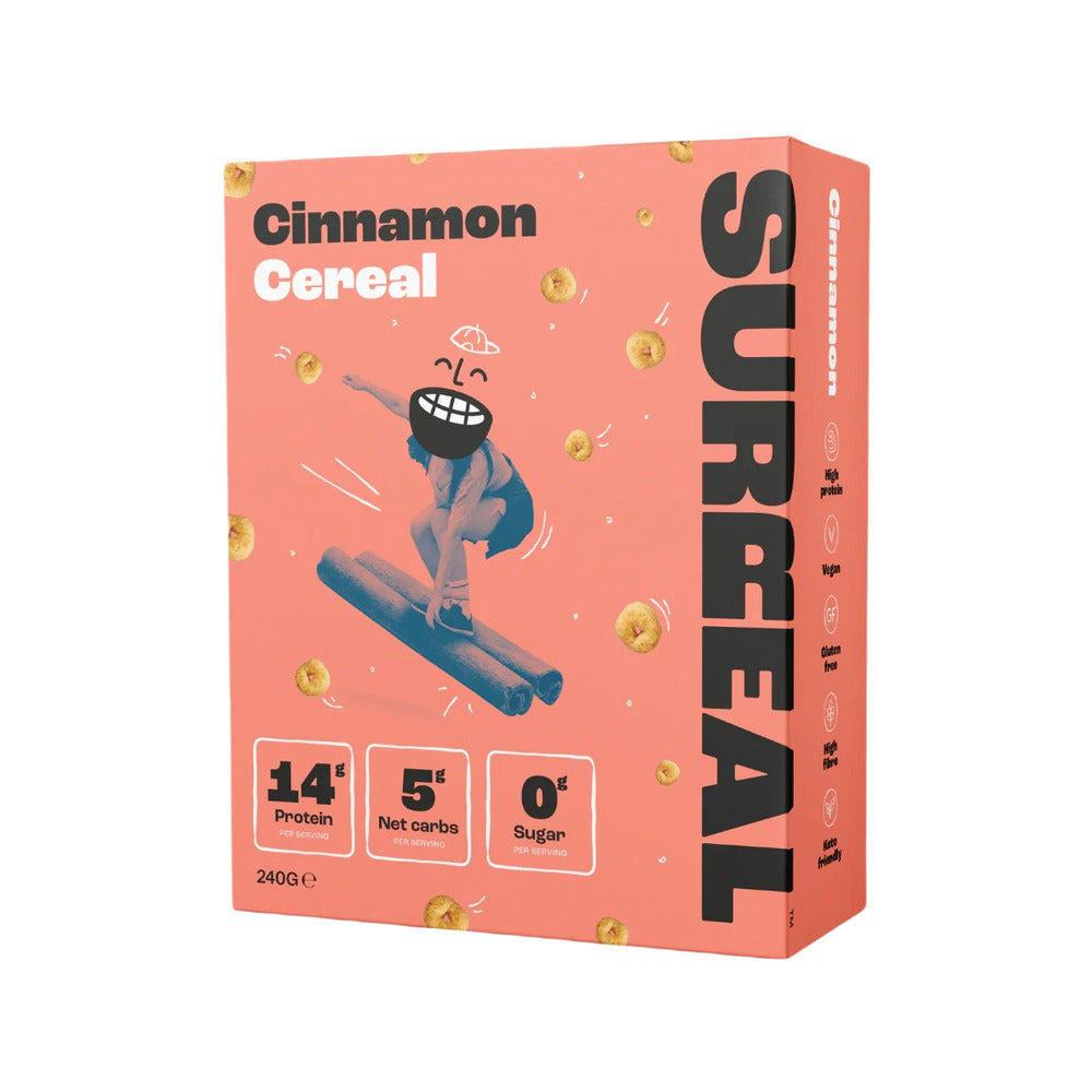 Cinnamon cereal box with surreal design on a white background