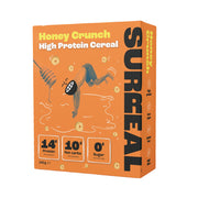 Orange cereal box with 'Honey Crunch High Protein Cereal' branding and surreal design elements.