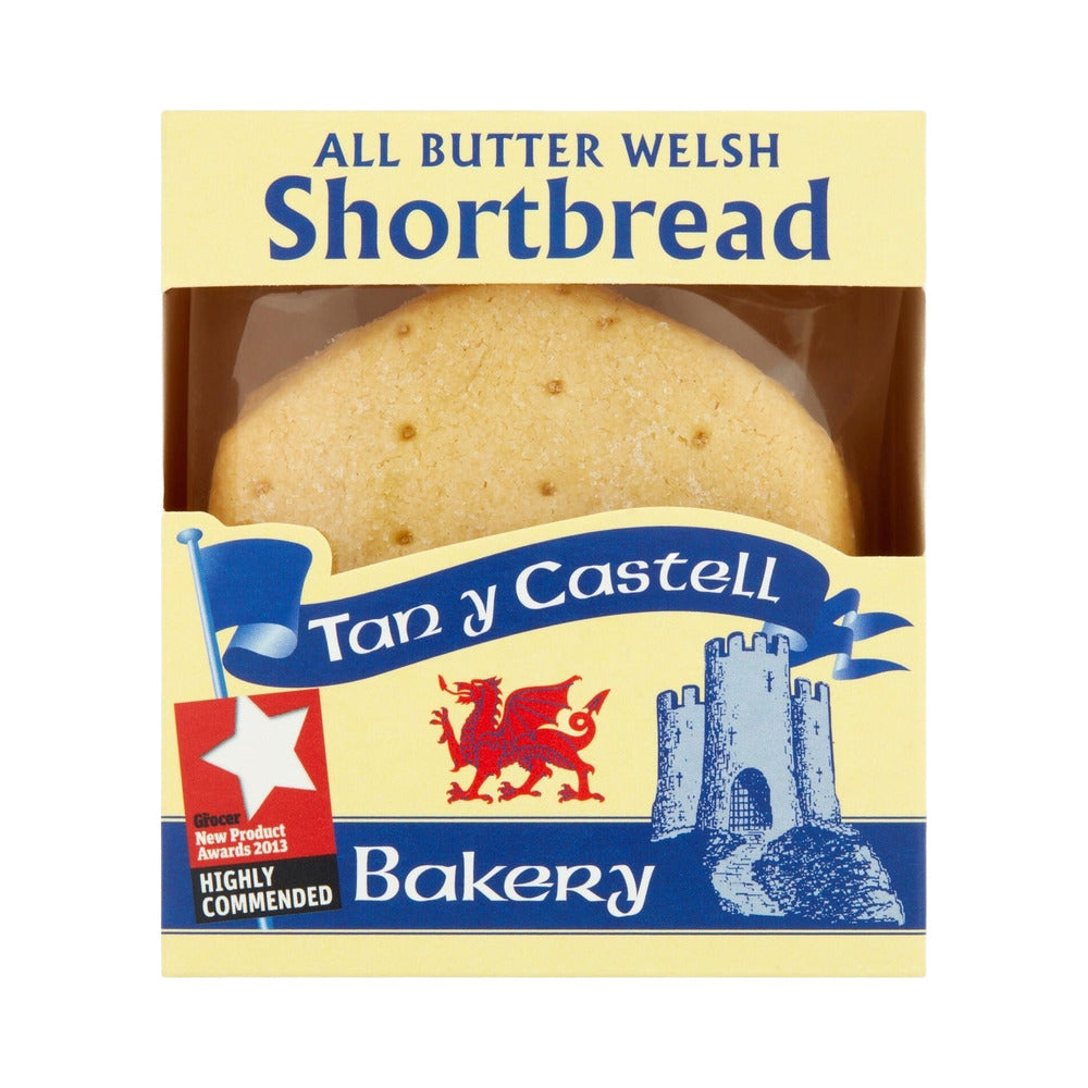 Packaged shortbread with Tan y Castell Bakery branding on a white background