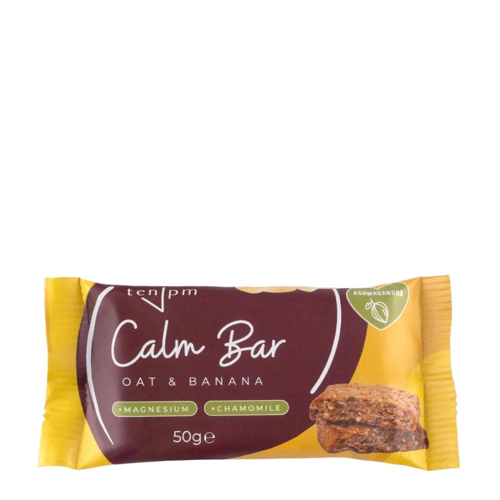 Calm Bar oat and banana snack package with 'ten pm' branding on a white background