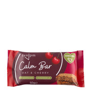 Calm Bar Oat & Cherry packaging with cherries and a heart symbol on a white background