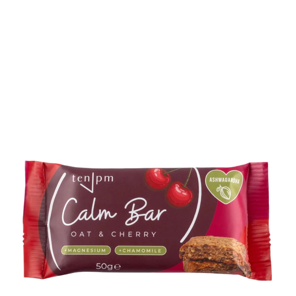 Calm Bar Oat & Cherry packaging with cherries and a heart symbol on a white background