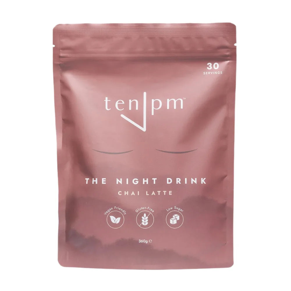 Pink package of 'ten pm' night drink mix on a white background