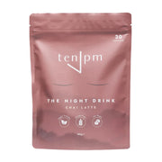 Pink package of 'ten pm' night drink mix on a white background