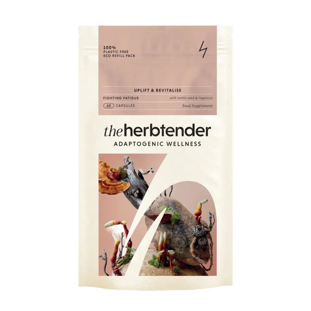 Package of 'the herbtender' adaptogenic wellness supplement with images of plants and text on a white background.