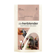 Package of 'the herbtender' adaptogenic wellness supplement with images of plants and text on a white background.