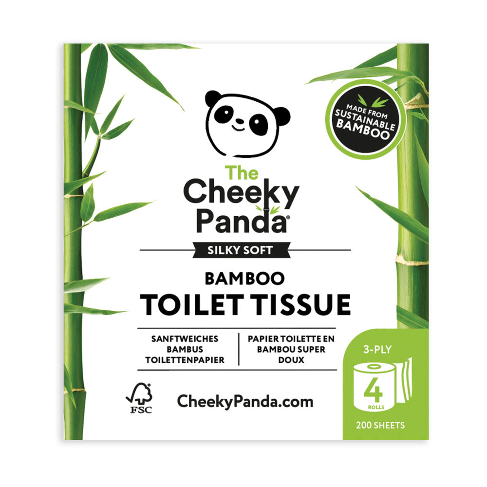 Cheeky Panda bamboo toilet tissue packaging with panda logo and bamboo leaves.