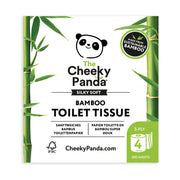 Cheeky Panda bamboo toilet tissue packaging with panda logo and bamboo leaves.