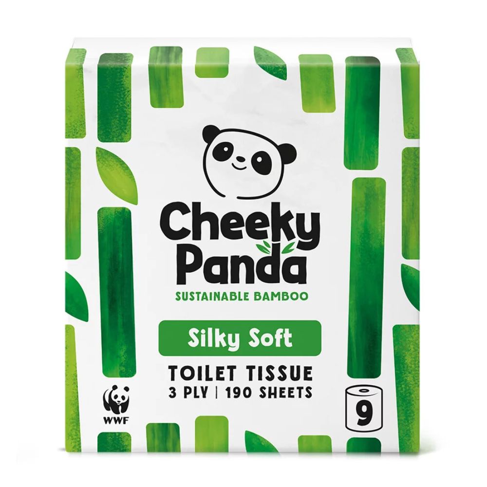 Cheeky Panda sustainable bamboo toilet tissue packaging with green and white design.