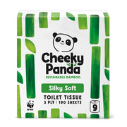 Cheeky Panda sustainable bamboo toilet tissue packaging with green and white design.