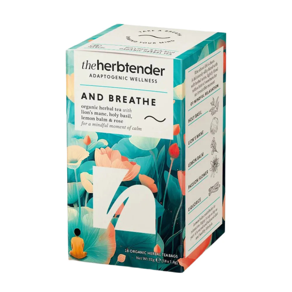 Box of 'And Breathe' tea from theherbtender on a white background
