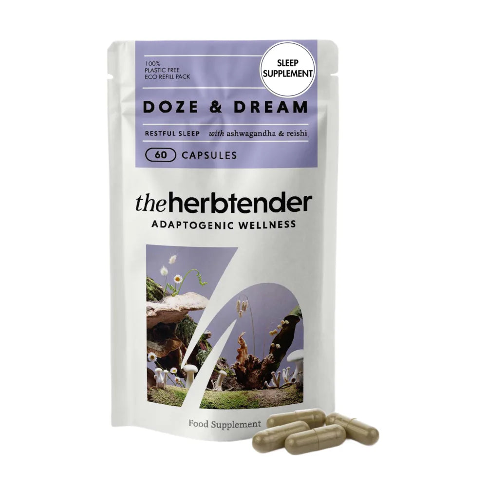 Pack of 'Doze & Dream' sleep supplement capsules by the herbtender on a white background