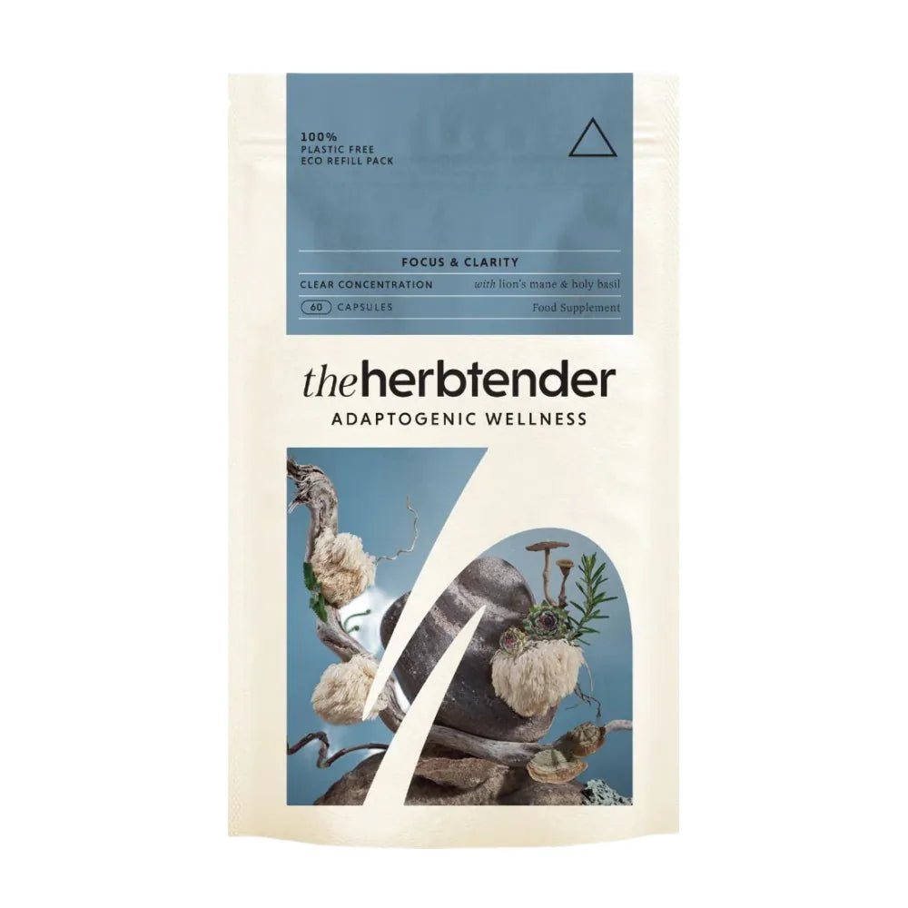 Package of 'the herbtender' adaptogenic wellness product with blue and beige design.