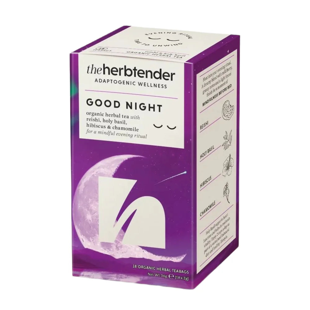 Box of 'Good Night' tea from the herb tender on a white background