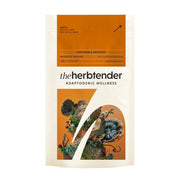Package of 'the herbtender' adaptogenic wellness supplement with natural imagery on a white background