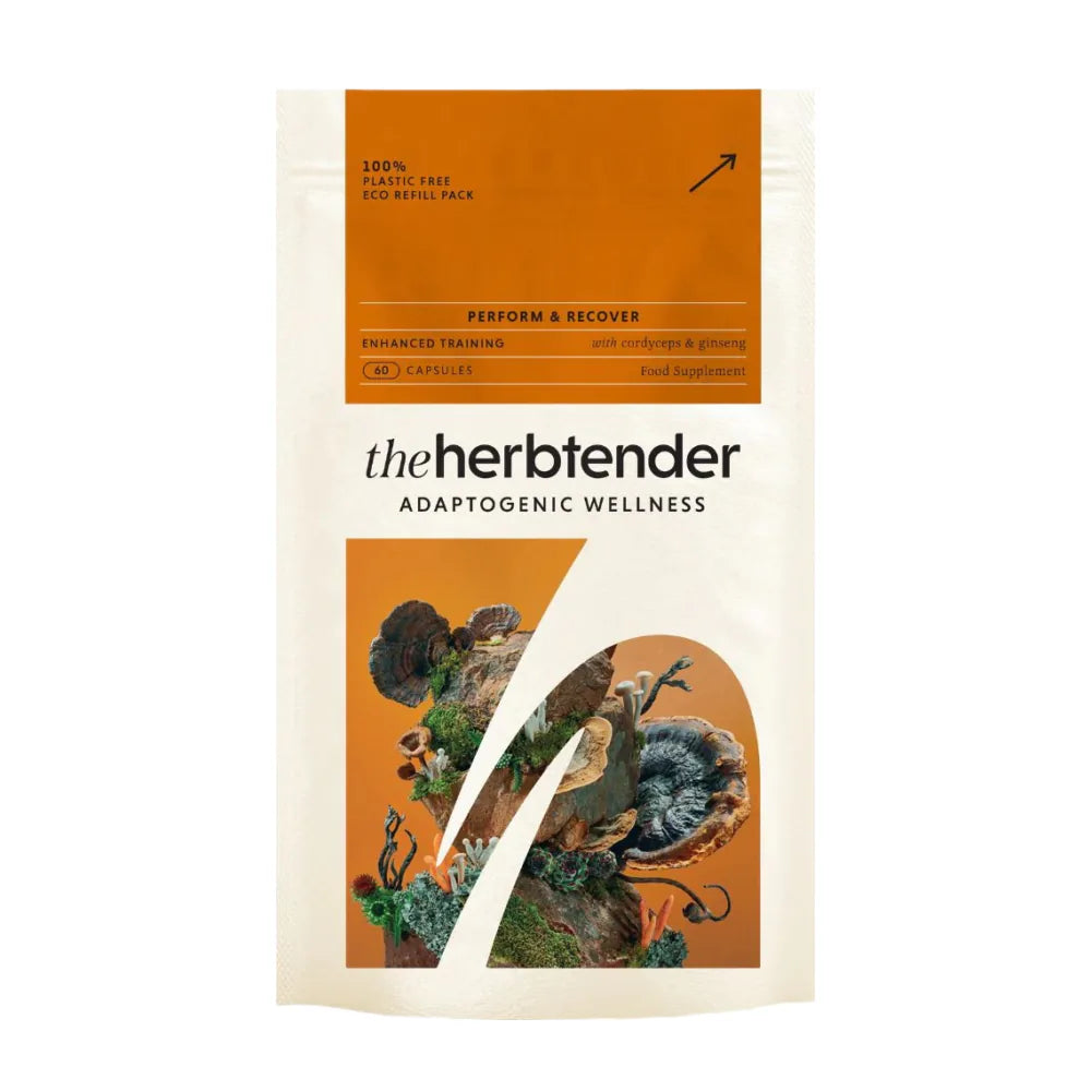Package of 'the herbtender' adaptogenic wellness supplement with natural imagery on a white background