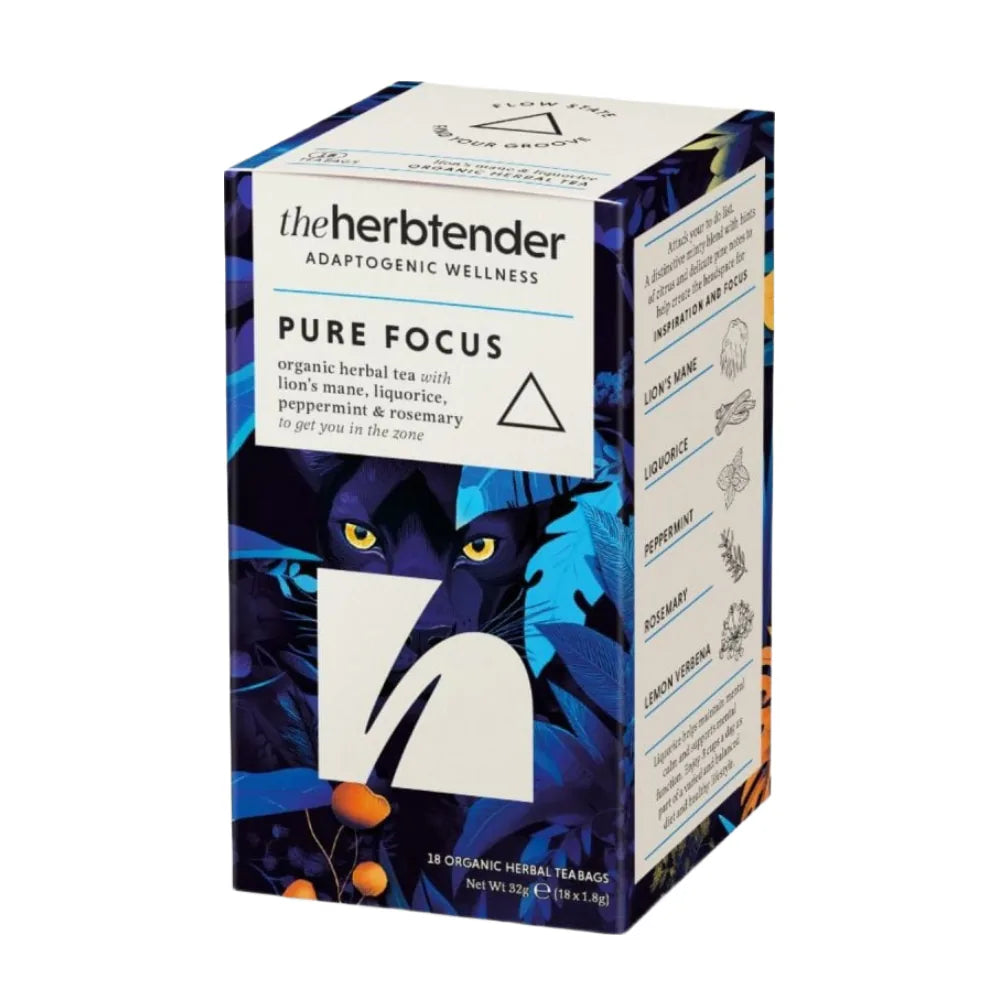 Box of 'Pure Focus' tea from 'the herbtender' on a white background