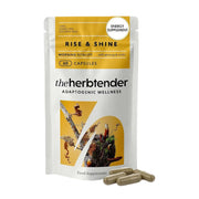 Packaging of 'Rise & Shine' energy supplement by the herbtender on a white background
