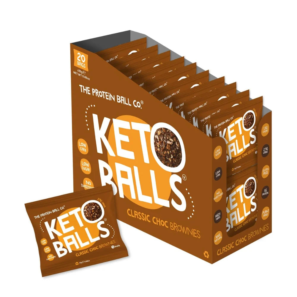 Box of The Protein Ball Co. Keto Balls Classic Choc Brownies on a white background