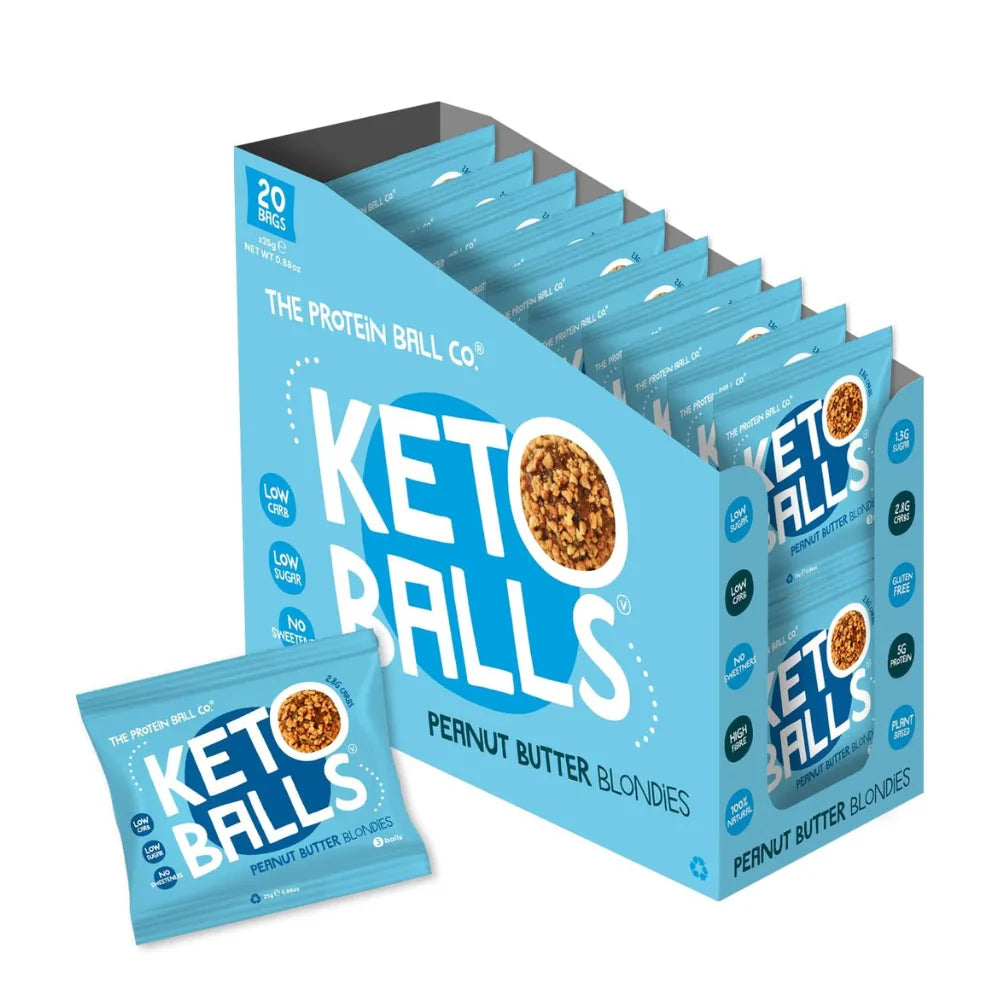 Box of Keto Balls Peanut Butter Blondies with a single packet displayed in front on a white background.