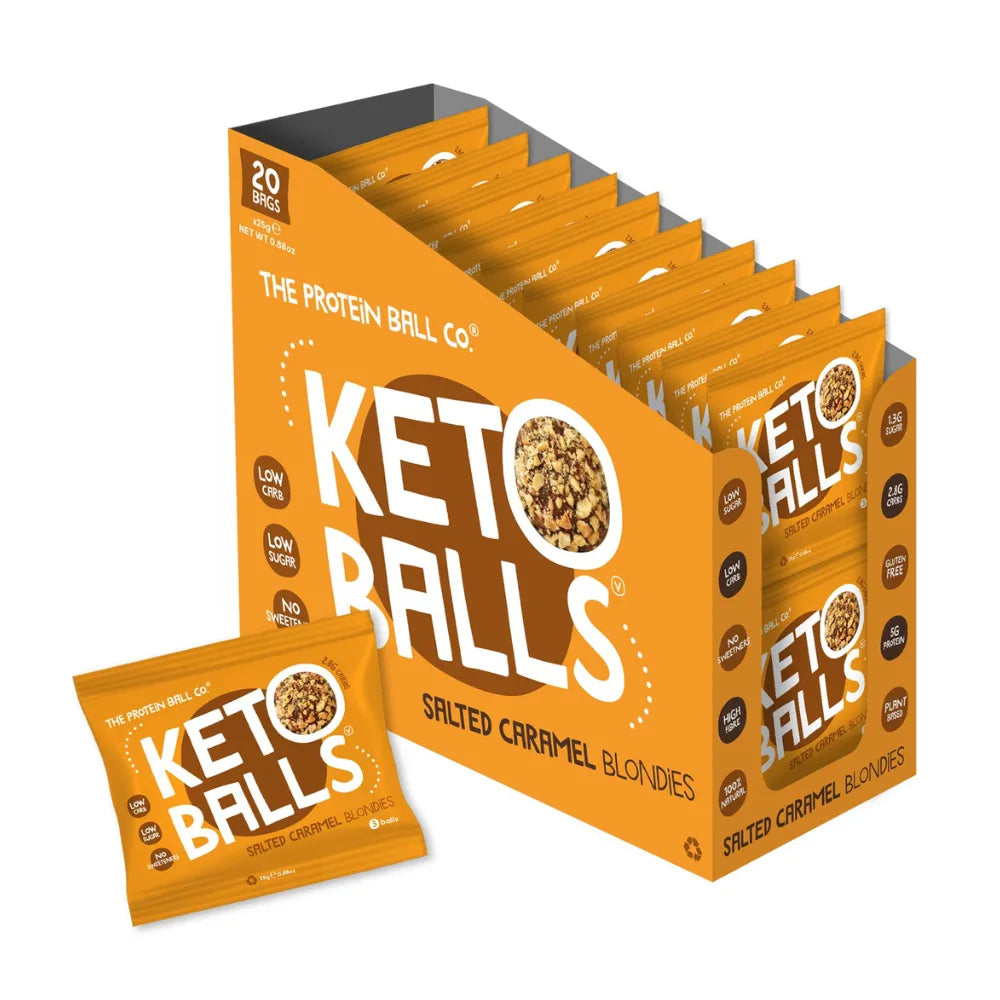 Box of Keto Balls Salted Caramel Blondies with packaging on a white background