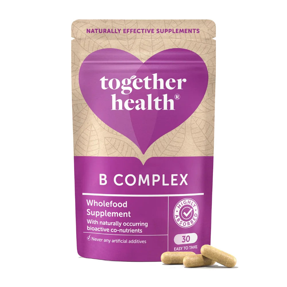 Together Health B Complex supplement package with purple heart design on a beige background