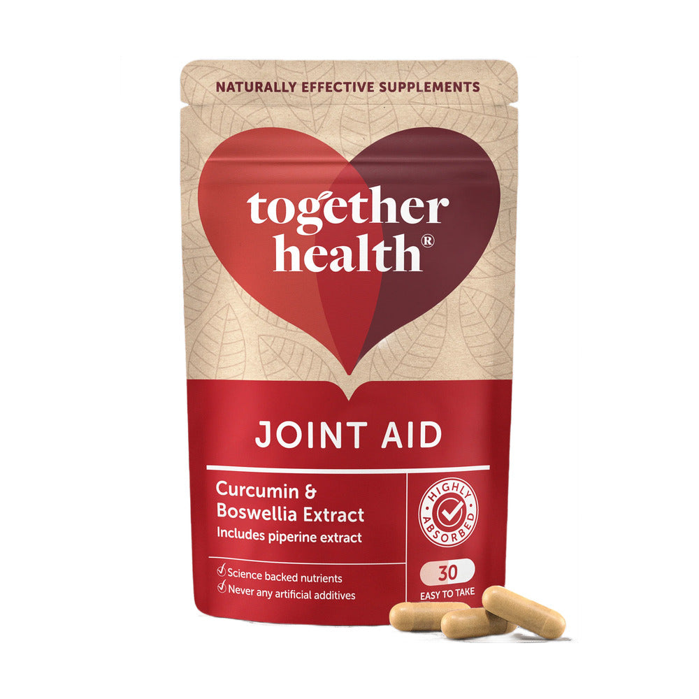 Together Health Joint Aid supplement package with a red heart on a beige background