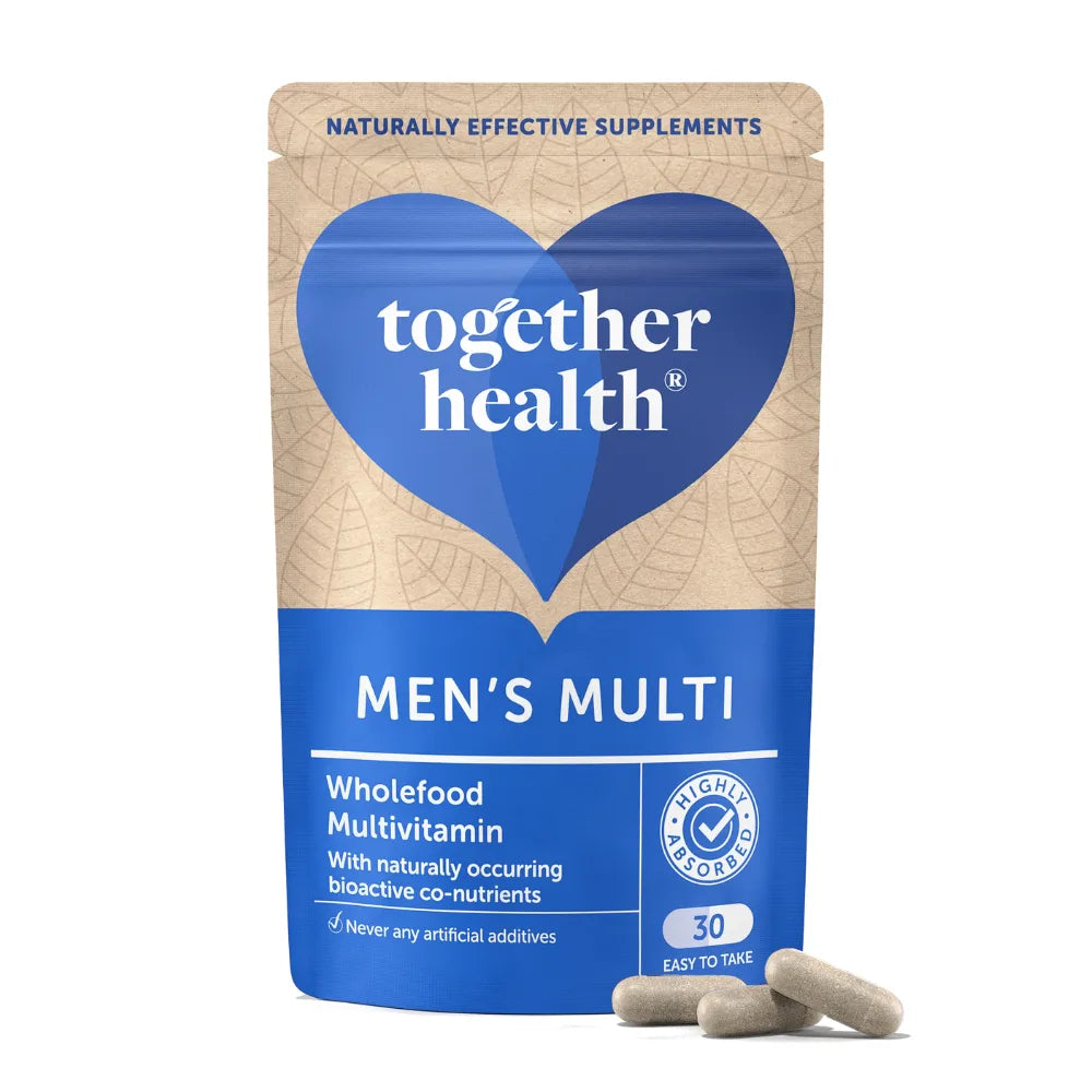 Together Health Men's Multi supplement package with blue heart logo on a beige background