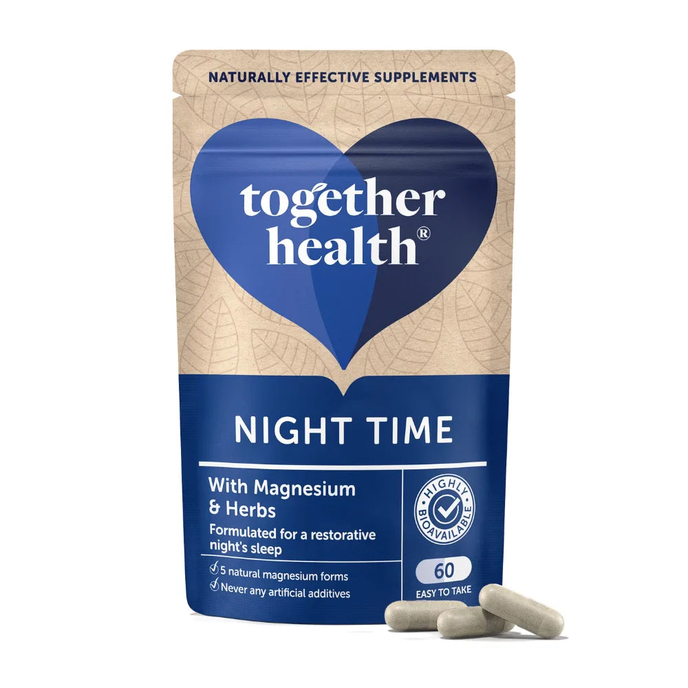 Together Health Night Time supplement package with blue heart logo on beige background