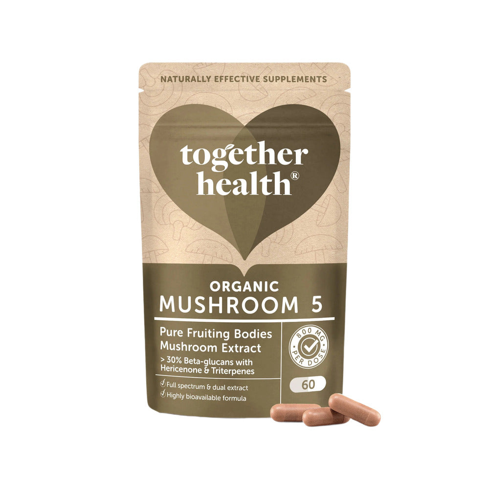 Together Health Organic Mushroom 5 supplement package with capsules on a white background