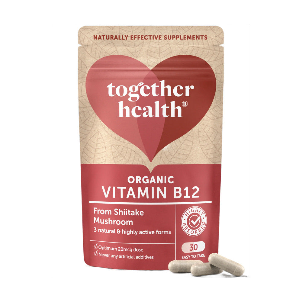 Together Health Organic Vitamin B12 supplement packaging with two capsules on a white background