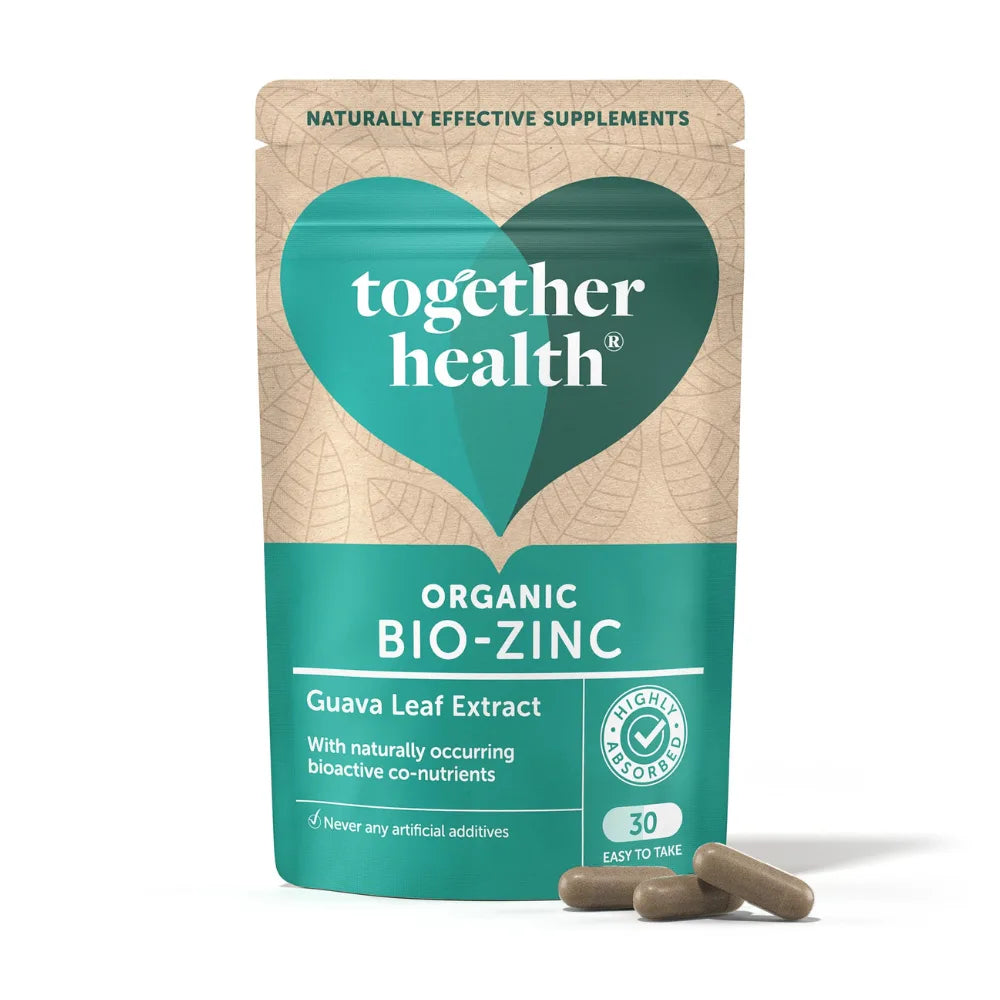 Together Health Organic Bio-Zinc supplement package with capsules on a white background