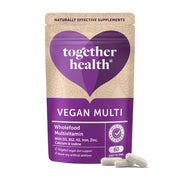 Vegan multivitamin package with purple heart logo and 'Together Health' branding on a beige background.