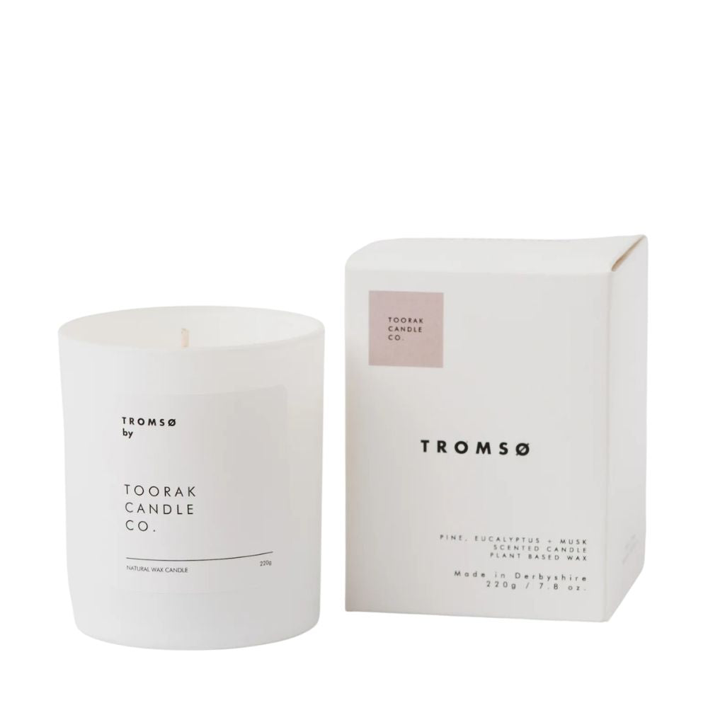 Tromsø candle and packaging on a white background