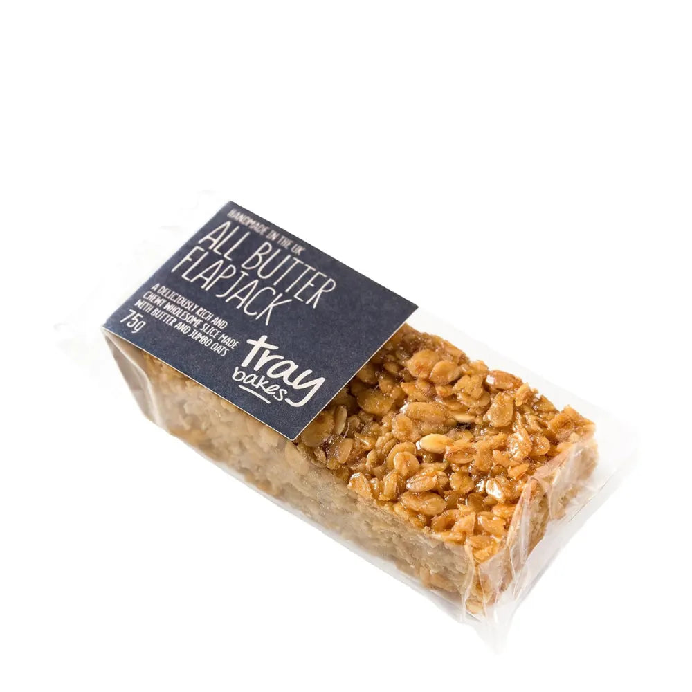 Packaged all butter flapjack with 'Tray Bakes' label on a white background