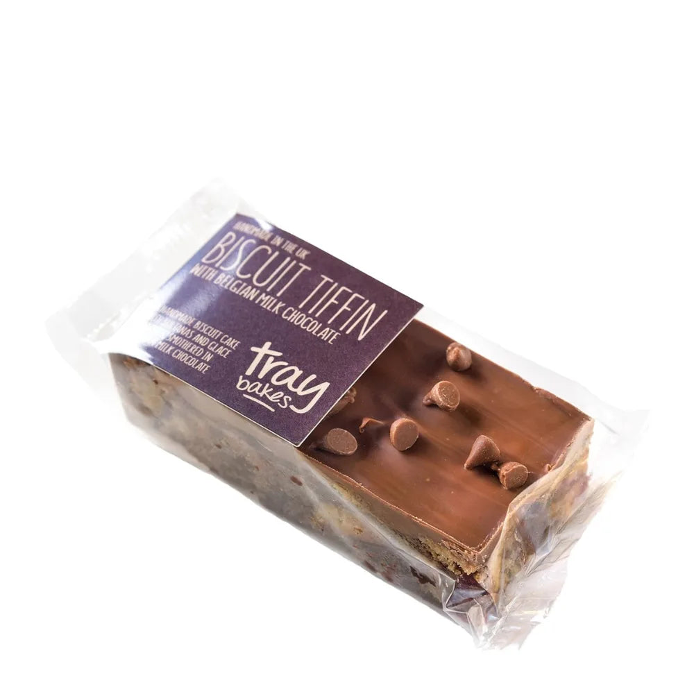 Packaged chocolate biscuit tiffin with visible branding on a white background