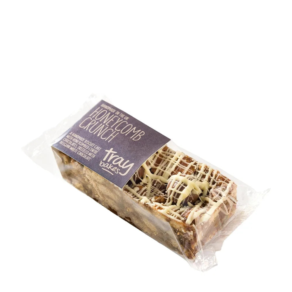 Packaged honeycomb crunch treat with a label on a white background