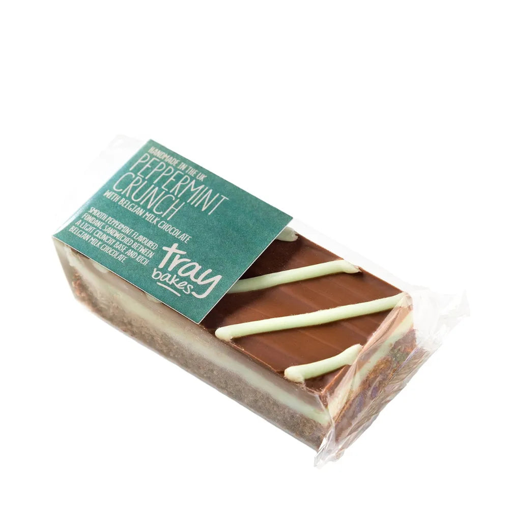 Packaged chocolate bar with peppermint crunch on a white background